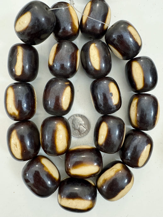 dark chocolate brown off white stripe, faux bone, vintage look resin, 35x29mm barrel tube, 15
