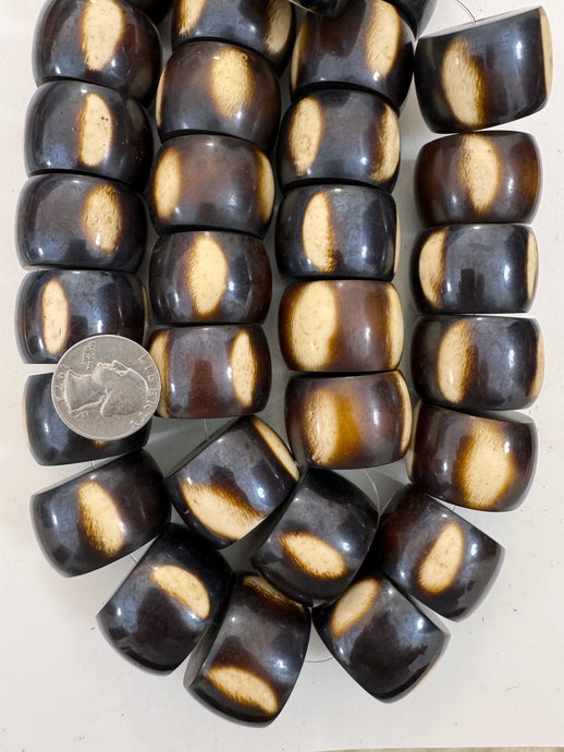 dark chocolate brown off white stripe, faux bone, vintage look resin, 32x22mm rondelle, 15