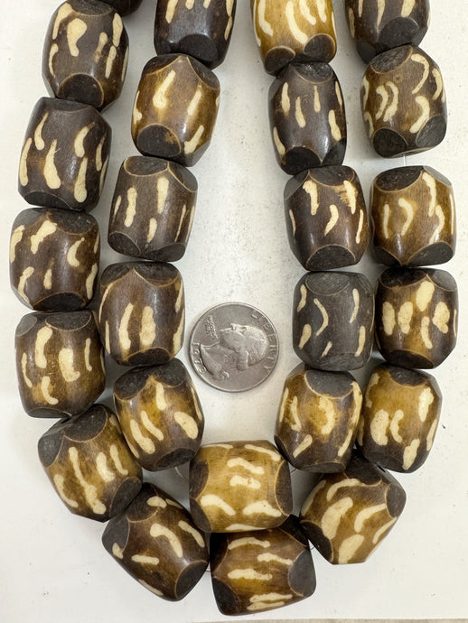dark and golden brown off white stripes, faux bone, vintage look resin, 24x19mm faceted nugget barrel, 15