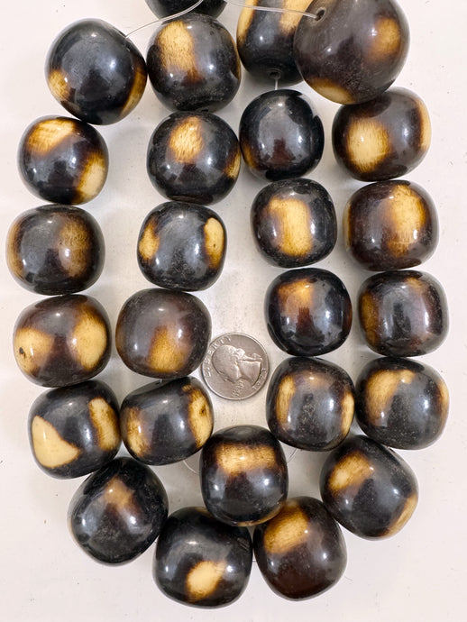 dark chocolate brown off white, faux bone, vintage look resin, 30mm nugget round, 15