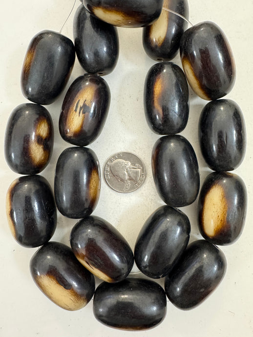 dark chocolate brown off white, faux bone, vintage look resin, 37x24mm tube, 15