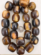 dark chocolate brown golden peach off white, faux bone, vintage look resin, 29x27mm barrel mix, 15" strand, sold per strand