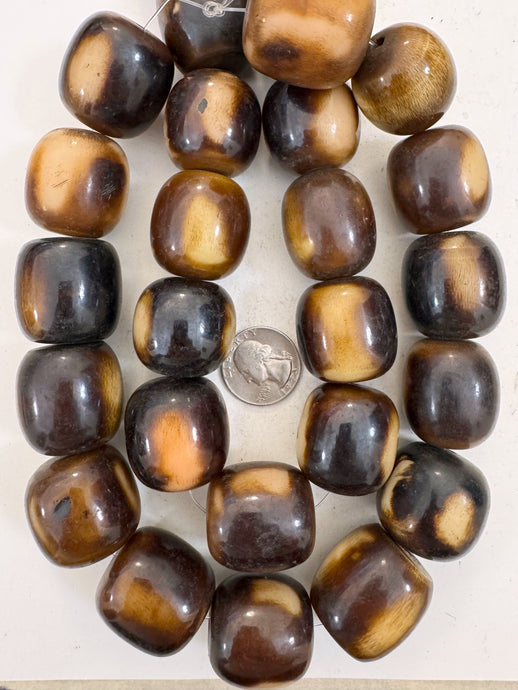 dark chocolate brown golden peach off white, faux bone, vintage look resin, 29x27mm barrel mix, 15
