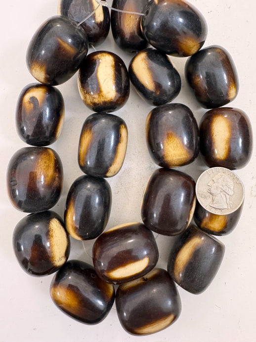 dark chocolate brown off white, faux bone, vintage look resin, 34x29mm barrel mix, 15