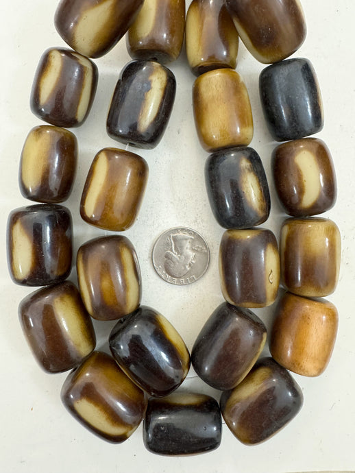 dark chocolate brown golden off white, faux bone, vintage look resin, 29x23mm barrel, 15