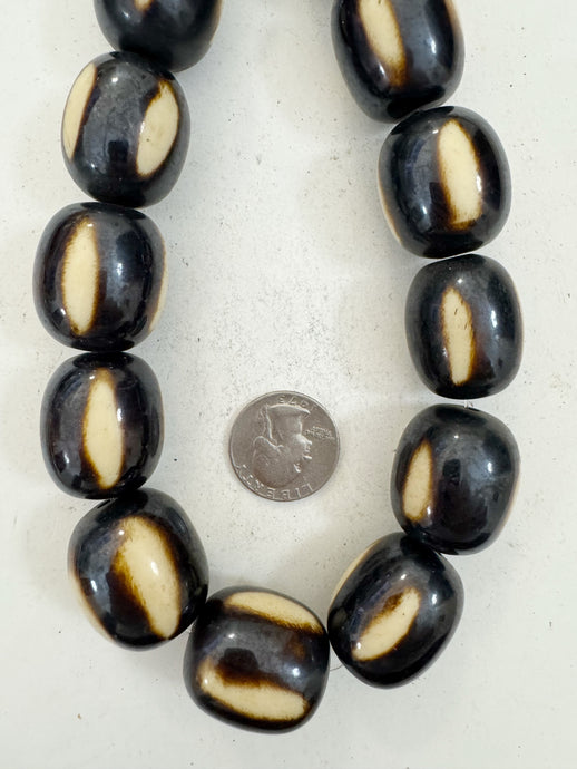 dark chocolate brown off white stripe, faux bone, vintage look resin, 28x25mm barrel, 15