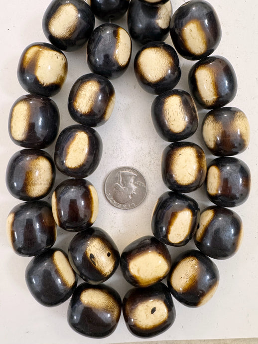 dark chocolate brown off white stripe, faux bone, vintage look resin, 26x23mm barrel, 15