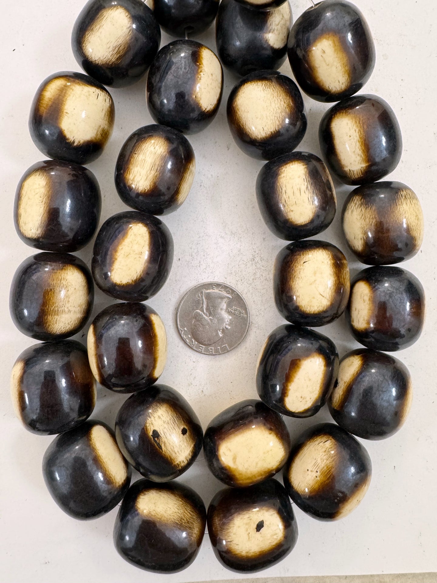 dark chocolate brown off white stripe, faux bone, vintage look resin, 26x23mm barrel, 15