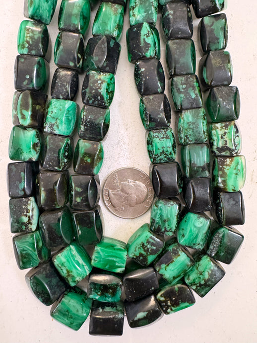 black green white swirl, vintage look resin, 15x13mm edge filed 4 sided tube, 15