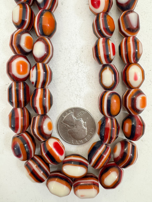 orange black white red stripe, vintage look resin, 15x13mm bicone, 15