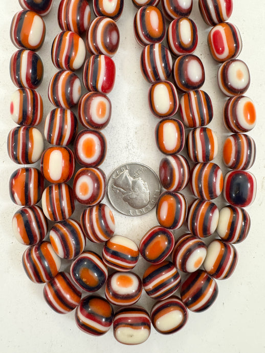 orange black white red stripe, vintage look resin, 16x14mm barrel, 15