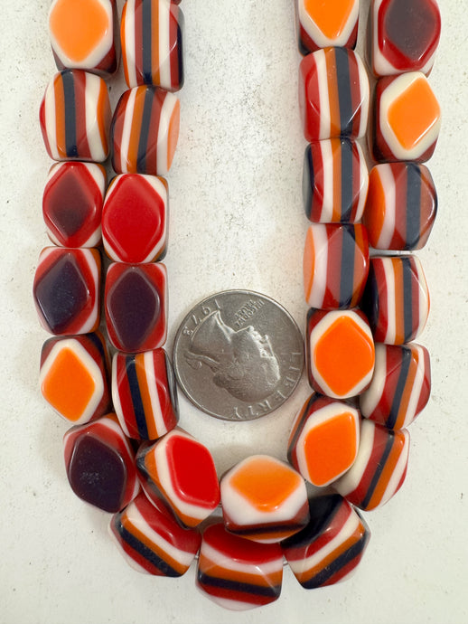 orange black white red stripe, vintage look resin, 14x10x10mm 4 sided corner cut cube, 15