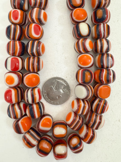 orange black white red stripe, vintage look resin, 15x12mm nugget rondelle, 15