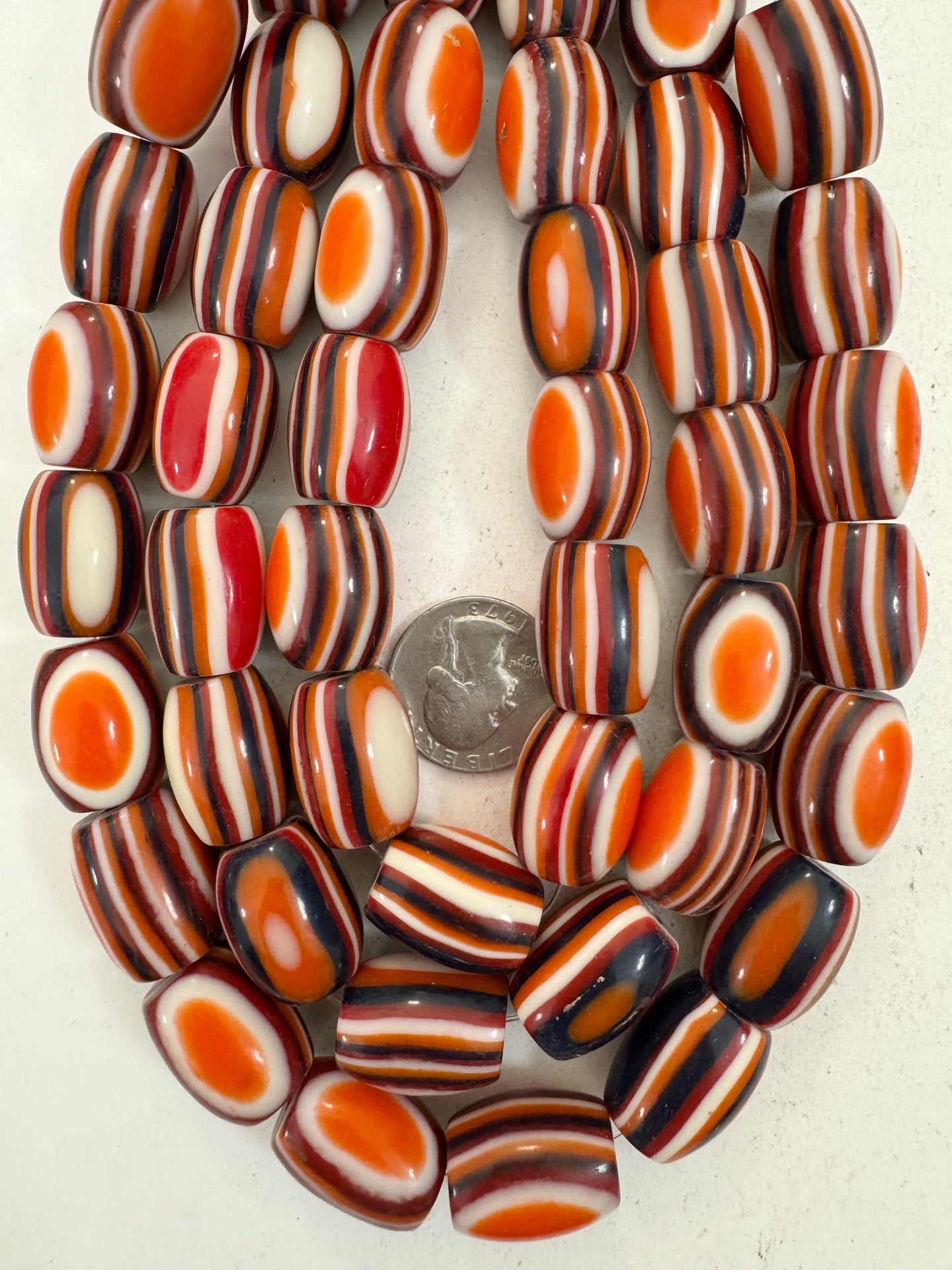 orange black white red stripe, vintage look resin, 20x15mm barrel, 15