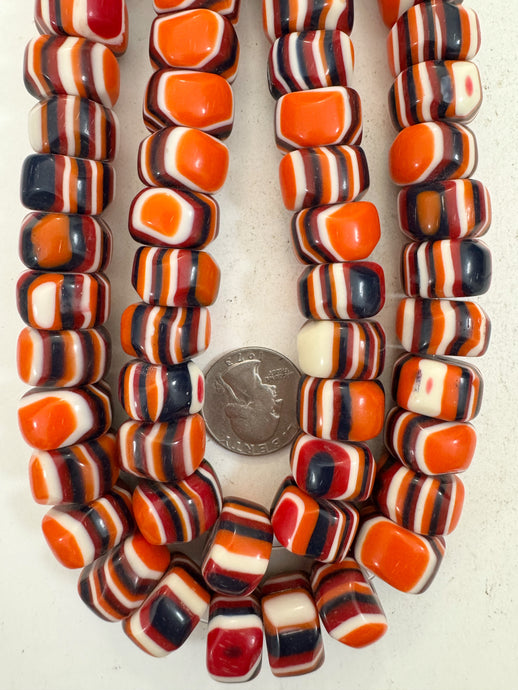 orange black white red stripe, vintage look resin, 18x11mm nugget heishi rondelle, 15
