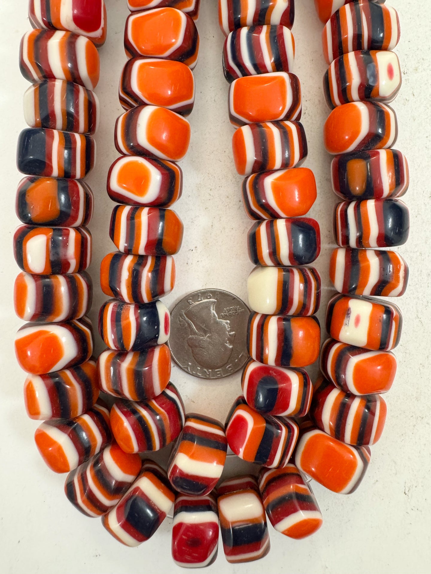 orange black white red stripe, vintage look resin, 18x11mm nugget heishi rondelle, 15