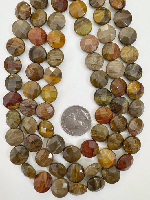 red wooden jasper, 14x14x5mm faceted coin, 15