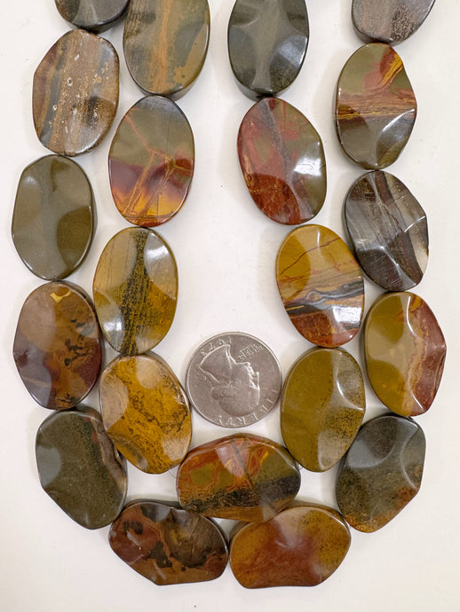 red wooden jasper, 30x21x6mm wavy oval, 15