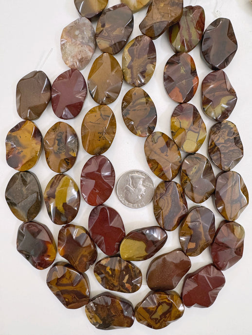 red wooden jasper, 30x21x6mm wavy oval, 15
