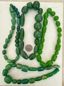 green tones mix, vintage look resin, size and shape mix, 15" strand, 4 strand lot