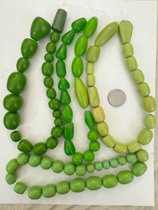 green tones mix, vintage look resin, size and shape mix, 15" strand, 4 strand lot