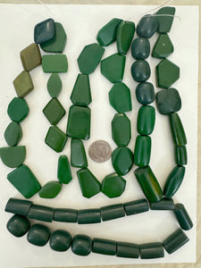 dark green tones mix, vintage look resin, size and shape mix, 15" strand, 4 strand lot