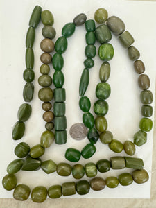dark olive green tones mix, vintage look resin, size and shape mix, 15" strand, 4 strand lot