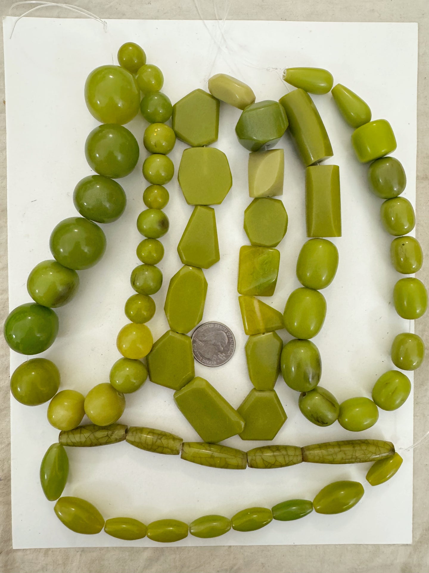 olive green tones mix, vintage look resin, size and shape mix, 15