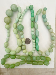 pale mint green tones mix, vintage look resin, size and shape mix, 15" strand, 4 strand lot