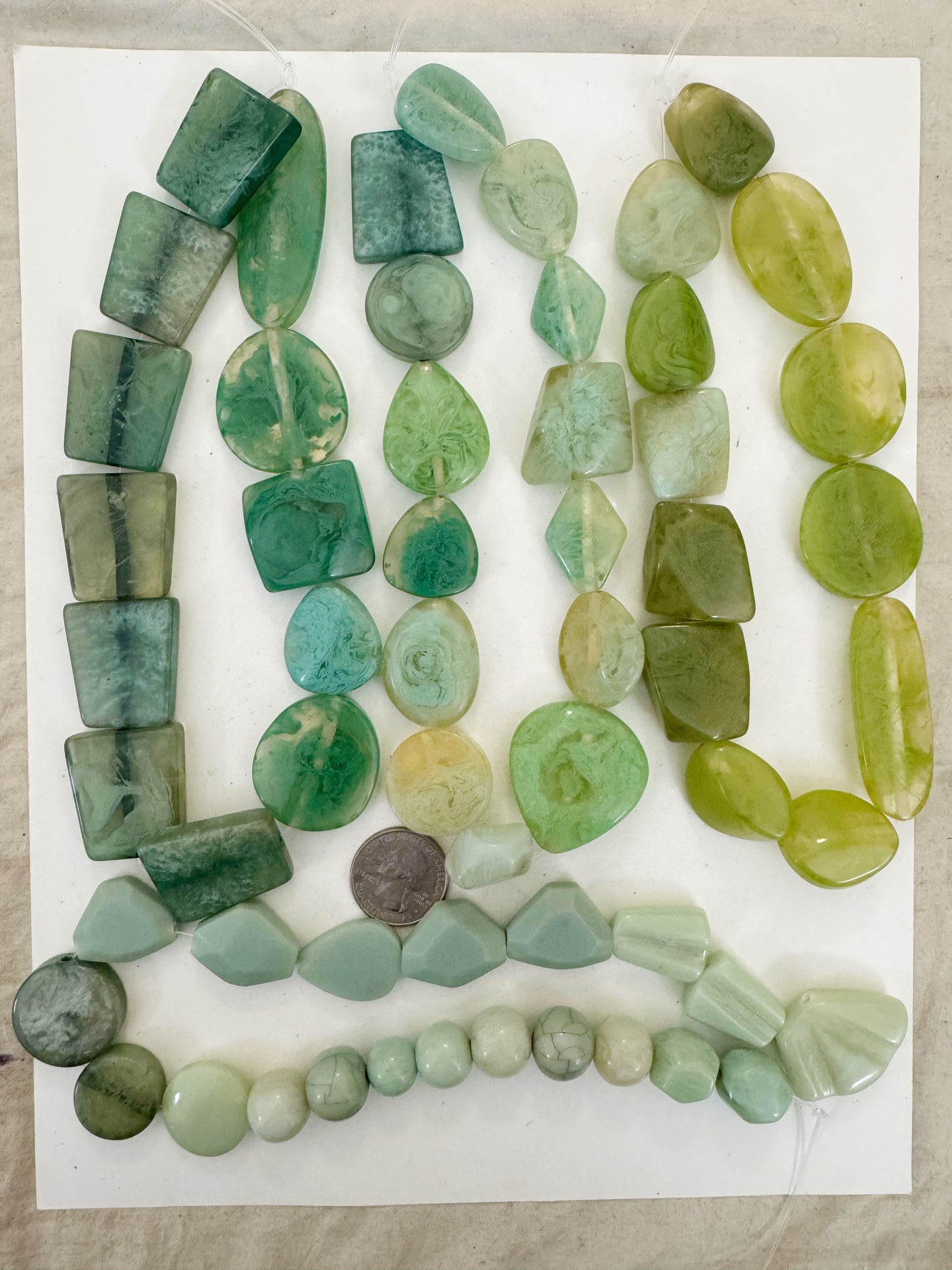 pale green tones mix, vintage look resin, size and shape mix, 15