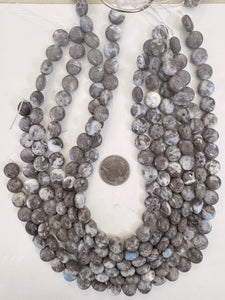 Oregon blue opal, 12x12x6mm coin, 15" strand, sold per strand