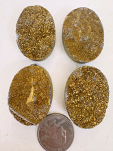 metallic antique gold titanium coated druzy quartz, 35x25x12mm top to bottom drilled oval, sold per bead, may have edge or surface wear