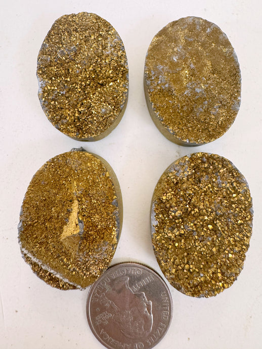 metallic antique gold titanium coated druzy quartz, 35x25x12mm top to bottom drilled oval, sold per bead, may have edge or surface wear