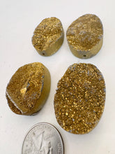 metallic antique gold titanium coated druzy quartz, 35x25x12mm top to bottom drilled oval, sold per bead, may have edge or surface wear