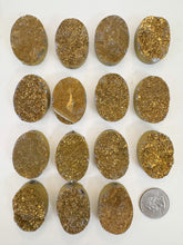 metallic antique gold titanium coated druzy quartz, 35x25x12mm top to bottom drilled oval, sold per bead, may have edge or surface wear