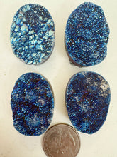 metallic dark electric blue titanium coated druzy quartz, 35x25x12mm top to bottom drilled oval, sold per bead, may have edge or surface wear