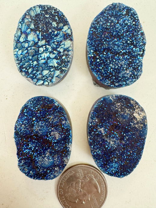 metallic dark electric blue titanium coated druzy quartz, 35x25x12mm top to bottom drilled oval, sold per bead, may have edge or surface wear