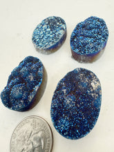 metallic dark electric blue titanium coated druzy quartz, 35x25x12mm top to bottom drilled oval, sold per bead, may have edge or surface wear