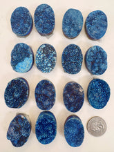 metallic dark electric blue titanium coated druzy quartz, 35x25x12mm top to bottom drilled oval, sold per bead, may have edge or surface wear