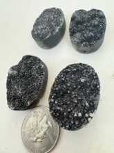 metallic black titanium coated druzy quartz, 35x25x12mm top to bottom drilled oval, sold per bead, may have edge or surface wear