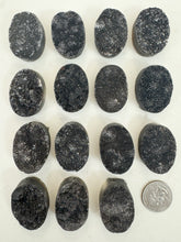 metallic black titanium coated druzy quartz, 35x25x12mm top to bottom drilled oval, sold per bead, may have edge or surface wear