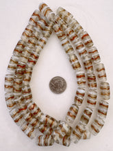 clear white burnt orange copper, swirl stripe motif, vintage stock glass, 24x12mm tube, 15" strand, SOLD PER STRAND