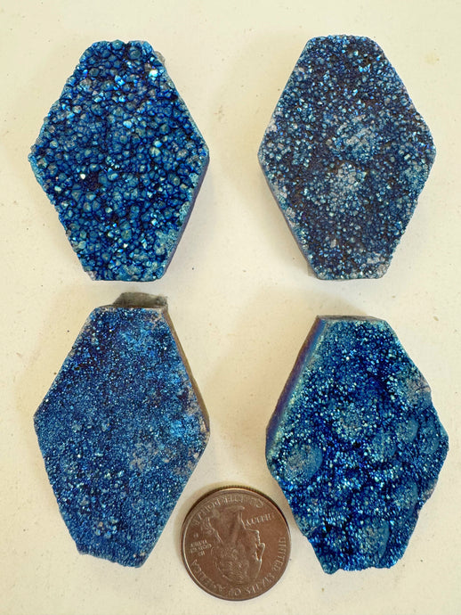 metallic medium electric blue titanium coated druzy quartz, 52x37x14mm top to bottom drilled oval, sold per bead, may have edge or surface wear