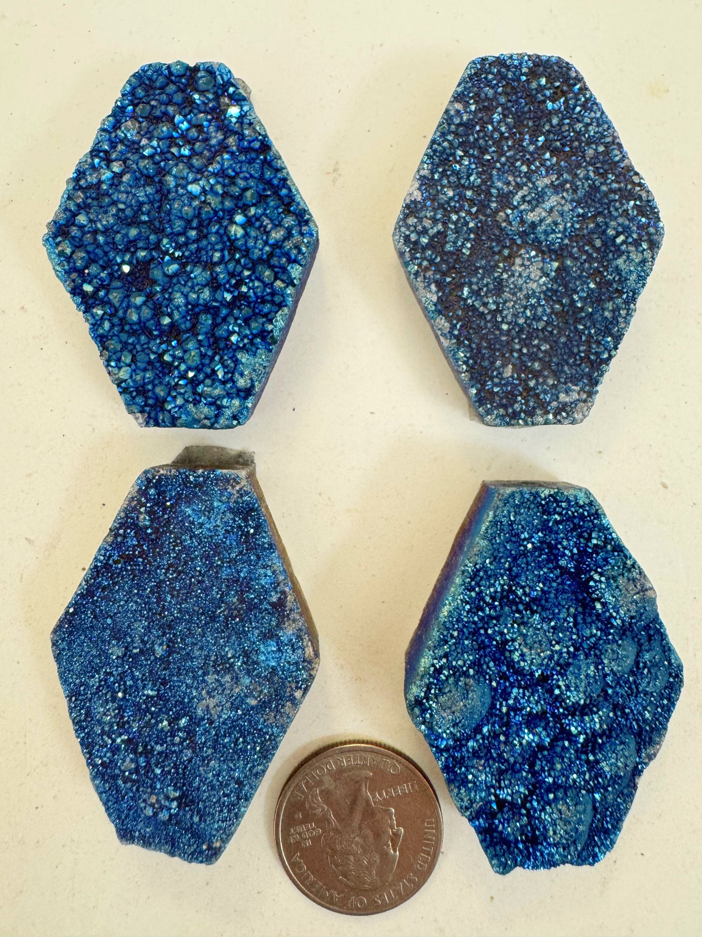 metallic medium electric blue titanium coated druzy quartz, 52x37x14mm top to bottom drilled oval, sold per bead, may have edge or surface wear