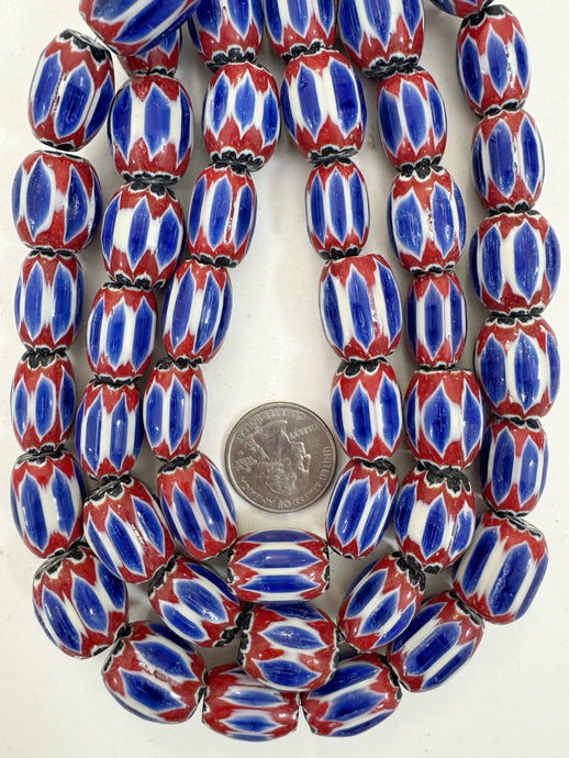 dark red white blue black chevron motif, vintage look glass, 20x16mm barrel shape mix, 15