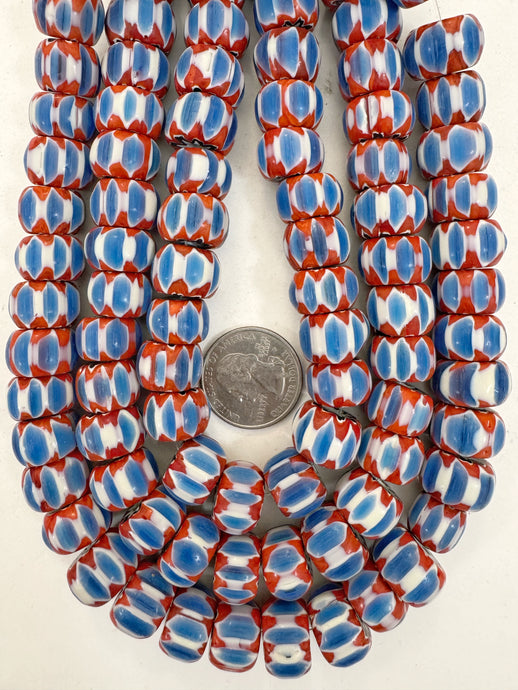 pale red white blue black chevron motif, vintage look glass, 15x9mm rondelle mix, 15