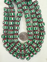 dark maroon red white green black chevron motif, vintage look glass, 13x9mm rondelle mix, 15" strand, sold per strand