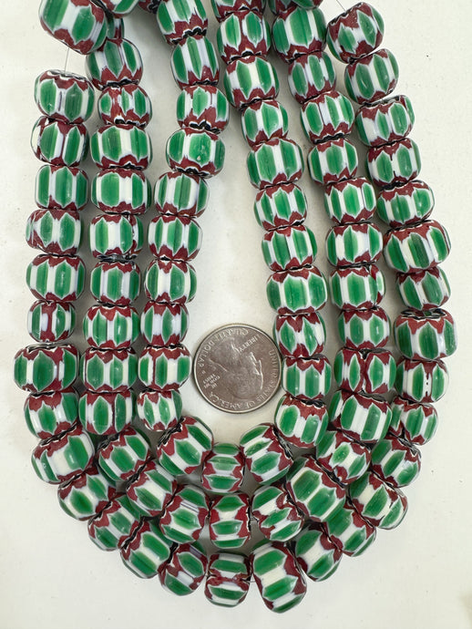 dark maroon red white green black chevron motif, vintage look glass, 13x9mm rondelle mix, 15