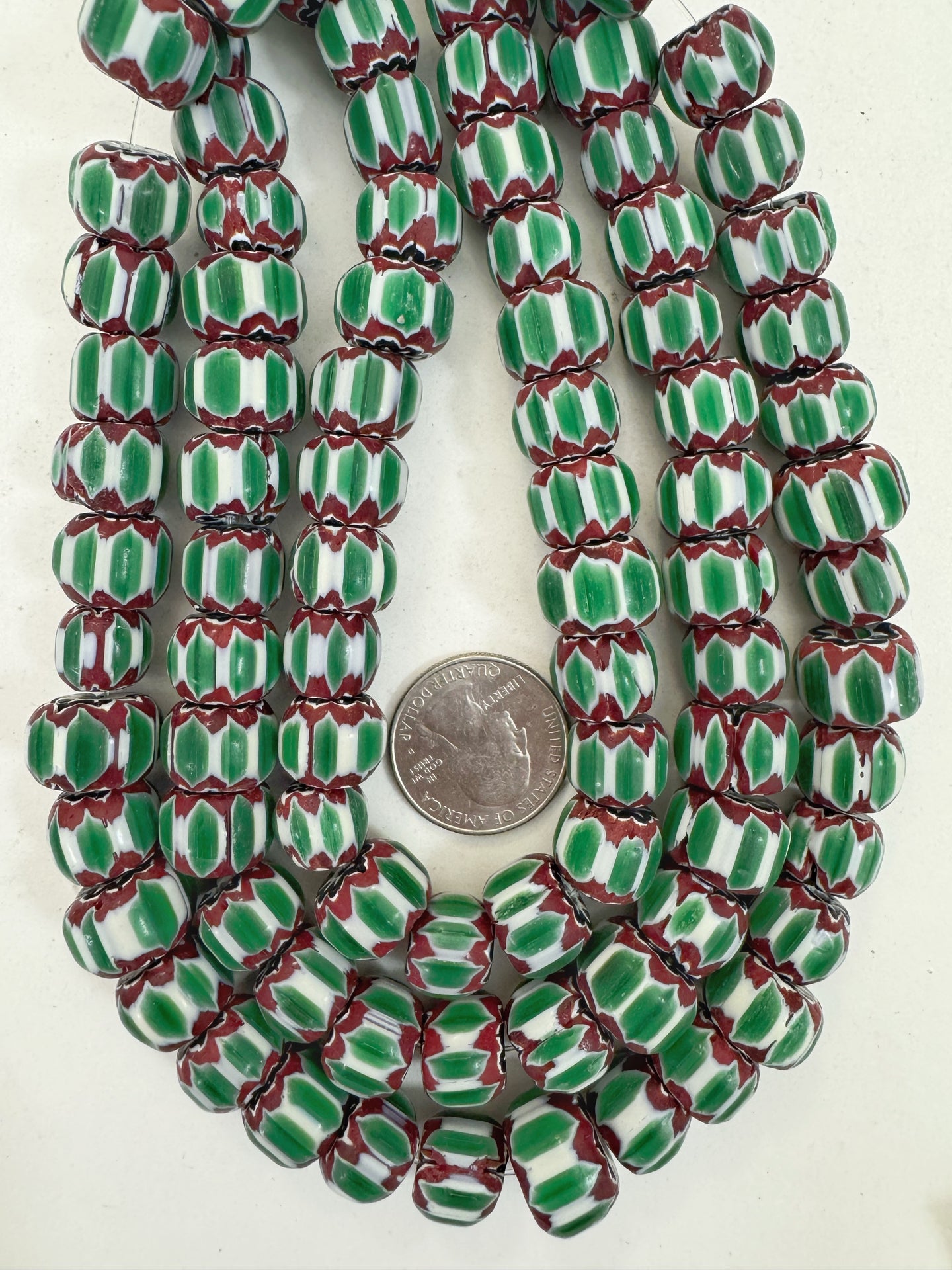 dark maroon red white green black chevron motif, vintage look glass, 13x9mm rondelle mix, 15