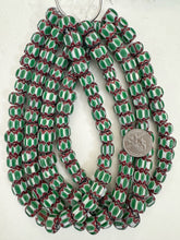 dark maroon red white green black chevron motif, vintage look glass, 13x9mm rondelle mix, 15" strand, sold per strand